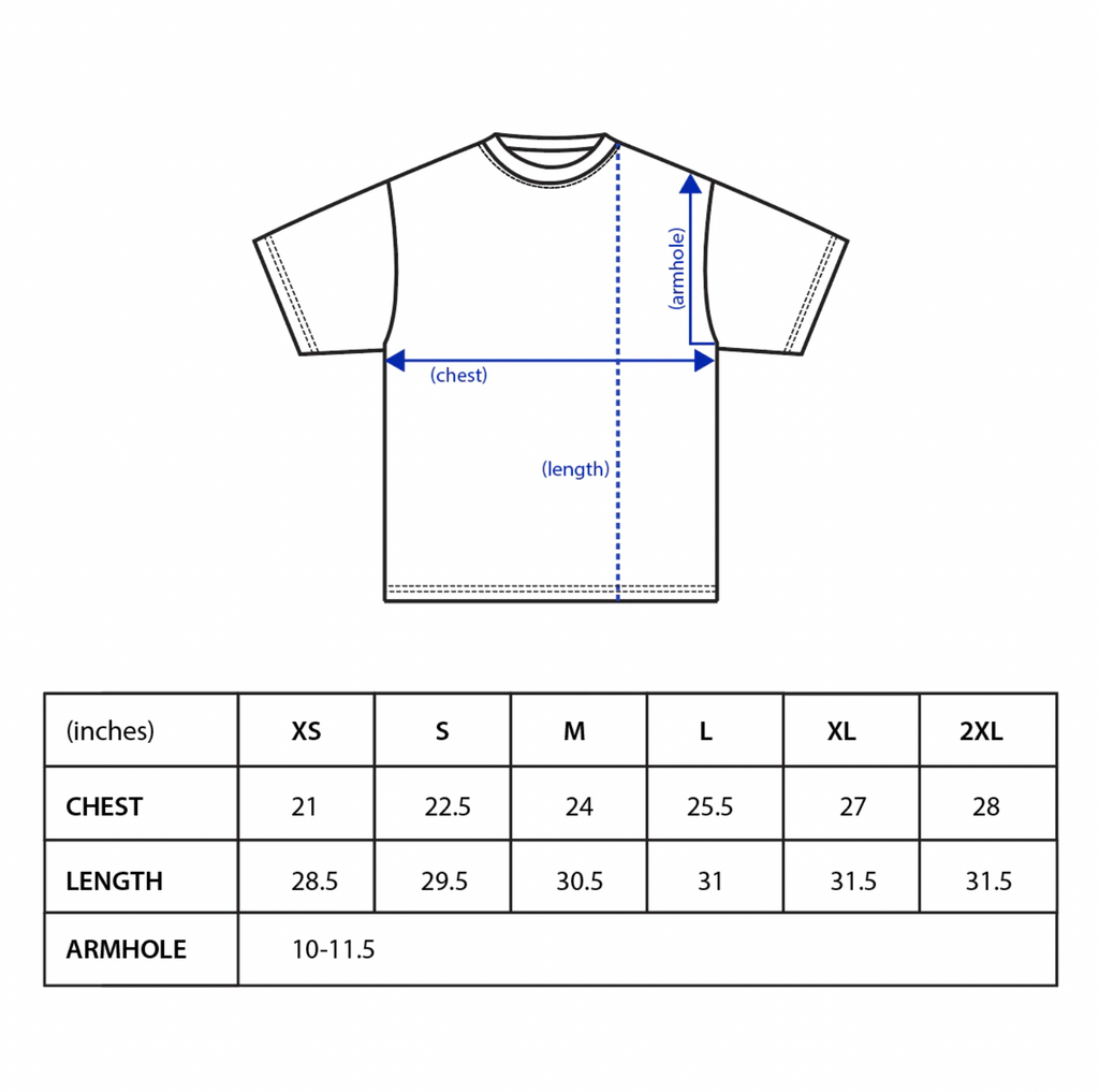 The measurements for a premium BLUETILE METAL TEE BLACK made from custom-milled fabric by Bluetile Skateboards.