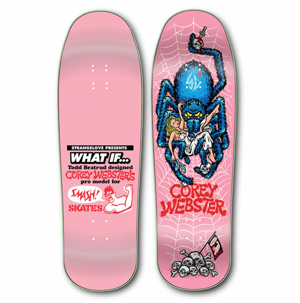 Two skateboard decks: the left deck is the STRANGE LOVE CORY TODD BRATRUD / WEBSTER II by STRANGELOVE, featuring a design that poses the question, "What if Todd Bratrud designed Corey Webster's pro model for Smash Skates?"; the right skate deck showcases a large blue spider holding a girl.