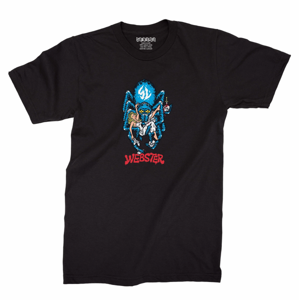A STRANGELOVE Strange Love Webster Tee Black with a picture of a spider and a woman on it.