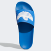A pair of ADIDAS SHMOOFOIL BLUE BIRD / WHITE slippers on a white background.