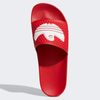 A pair of ADIDAS SHMOOFOIL SCARLET / WHITE slippers on a white background.