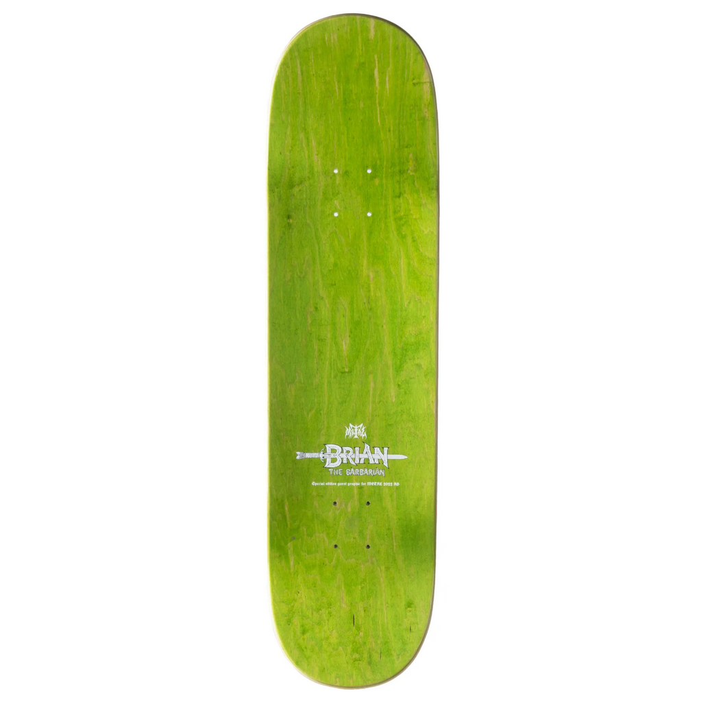 A green METAL B.A. BARBARIAN GUEST PRO skateboard with white writing on it.