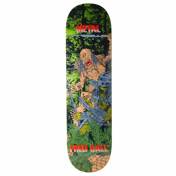Skateboard deck named METAL FRED GALL PREDATOR from the brand METAL, showcasing a colorful graphic of a battle scene in a forest, with "METAL" at the top and "FRED GALL" at the bottom in red text. Available in an optimal PREDATOR8.5 size for the best ride experience.