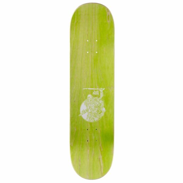 A green METAL FRED GALL PREDATOR skateboard deck featuring a white graphic design near one end, available in sizes 8.5 and 8.25.