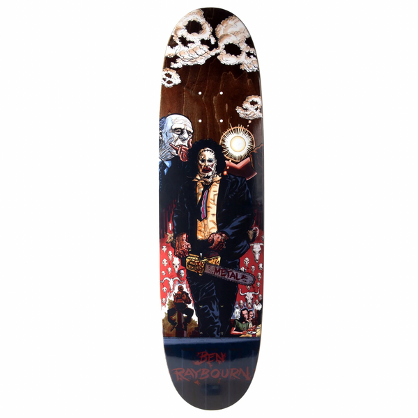 Introducing the METAL BEN RAYBOURN CHAINSAW FOOTBALL SHAPE skateboard deck by METAL, featuring stunning graphic artwork of a masked figure wielding a chainsaw, surrounded by an array of skull imagery and dark-themed elements. The design is completed with "METAL BEN RAYBOURN" prominently displayed at the bottom, all finished with a striking stains color treatment.