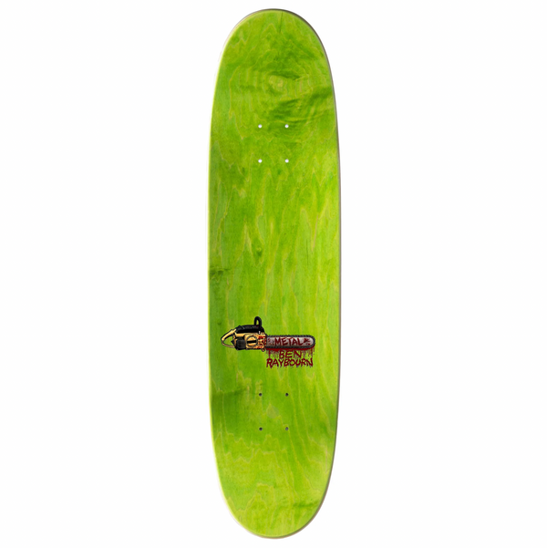 A green skateboard deck featuring a yellow "Creature" logo and a sword graphic with the text "Raybourn" in red, designed by Metal Ben Raybourn, named the METAL BEN RAYBOURN CHAINSAW FOOTBALL SHAPE by METAL.