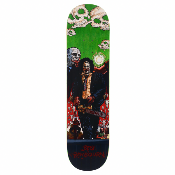 The METAL skateboard deck features Sean Pryor's art—a graphic of a man in a suit and skull mask wielding a chainsaw set against a vibrant green, red, and black background, with "Metal Ben Raybourn Chainsaw" at the bottom.