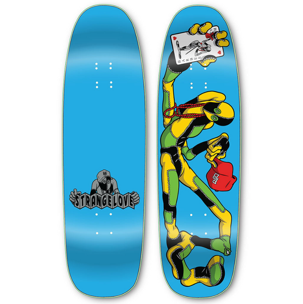 Two skateboard decks are displayed, one plain light blue (left) and the other (right) features a vibrant graphic by Sean Cliver of a figure in motion holding a red heart, along with the text "STRANGELOVE" from the STRANGE LOVE RAY BARBEE "CLASSIC" *SIGNED series by STRANGELOVE.