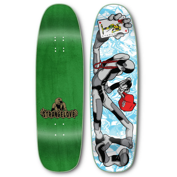A STRANGELOVE skateboard with an image of a man and a woman.