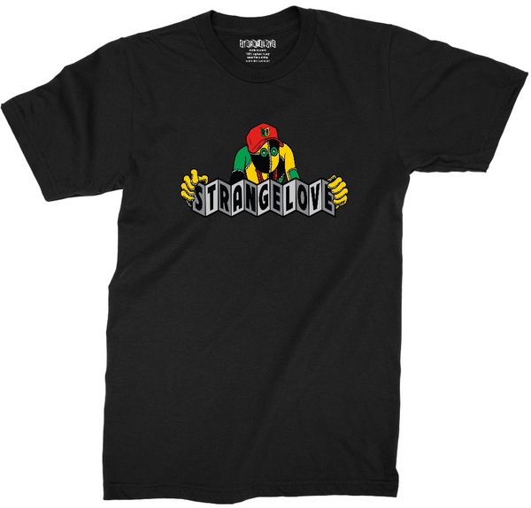 A STRANGELOVE black t-shirt with the word "STRADDLED" on it.