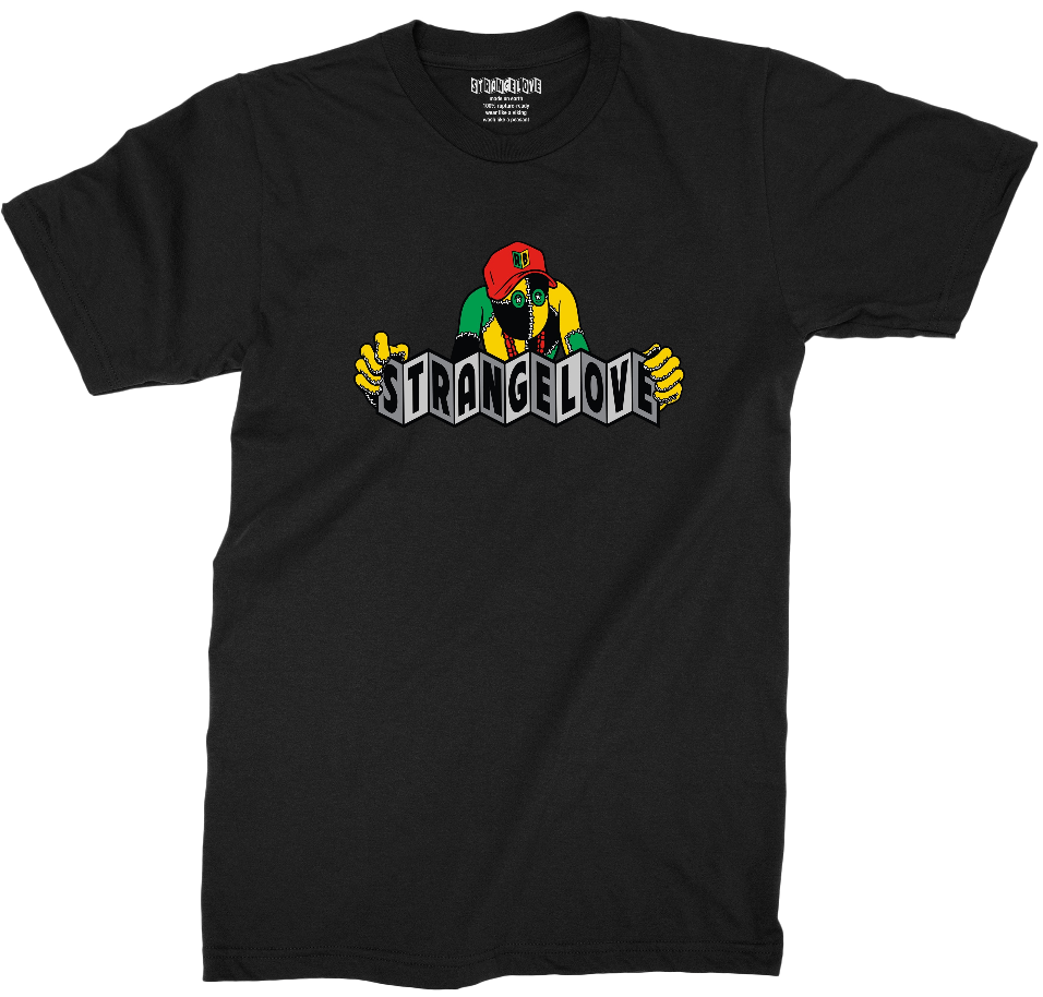 A STRANGELOVE black t-shirt with the word "STRADDLED" on it.