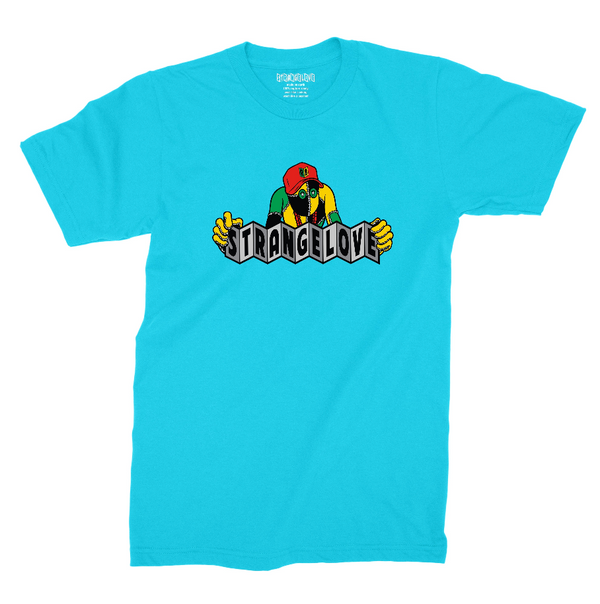 A STRANGELOVE rag doll logo rasta tee in lagoon blue with a bird on it.