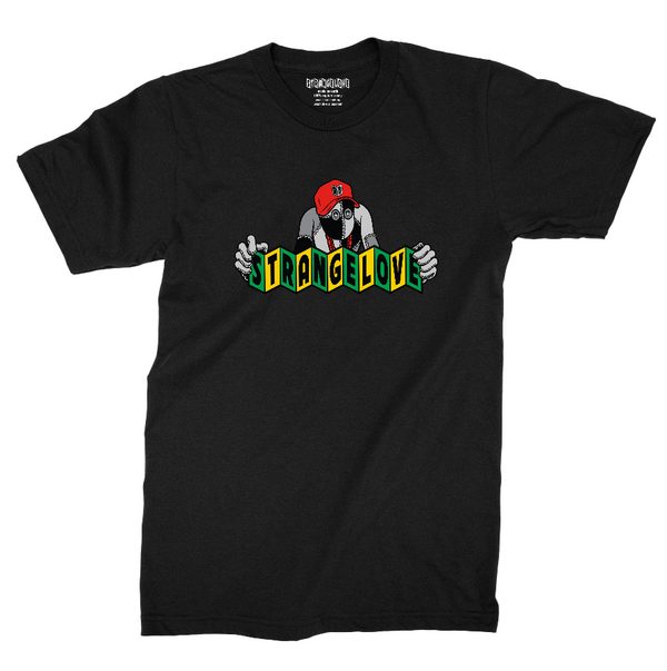 A STRANGELOVE black t-shirt with a picture of a man riding a skateboard.
