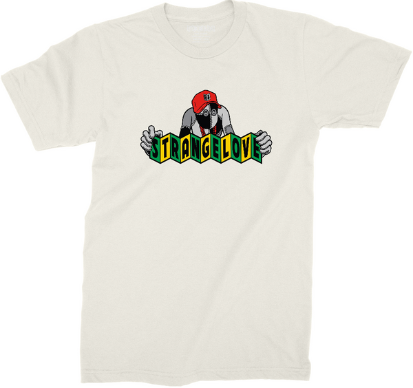 STRANGELOVE's STRANGE LOVE RAG DOLL LOGO GREY TEE NATURAL showcases a graphic of a person sporting a red hat and holding a sign with "Strange Love" in bold, multicolored letters.