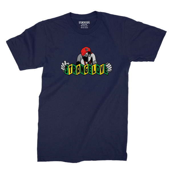 STRANGELOVE gray tee in navy, showcasing their iconic rag doll logo with a character sporting a red cap and black gloves, holding green and yellow blocks spelling "STRANGELOVE.