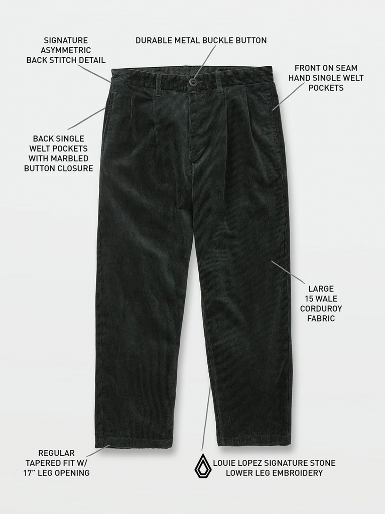 A picture of a pair of VOLCOM LOPEZ TAPERED CORDUROY PANTS in cedar green.