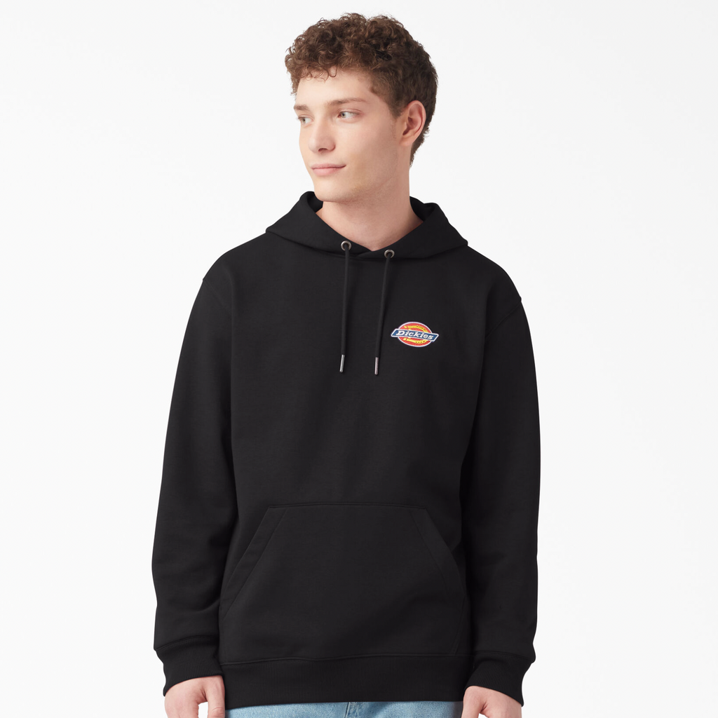 A young man wearing a DICKIES FLEECE EMBROIDERED LOGO HOODIE BLACK with an orange logo.