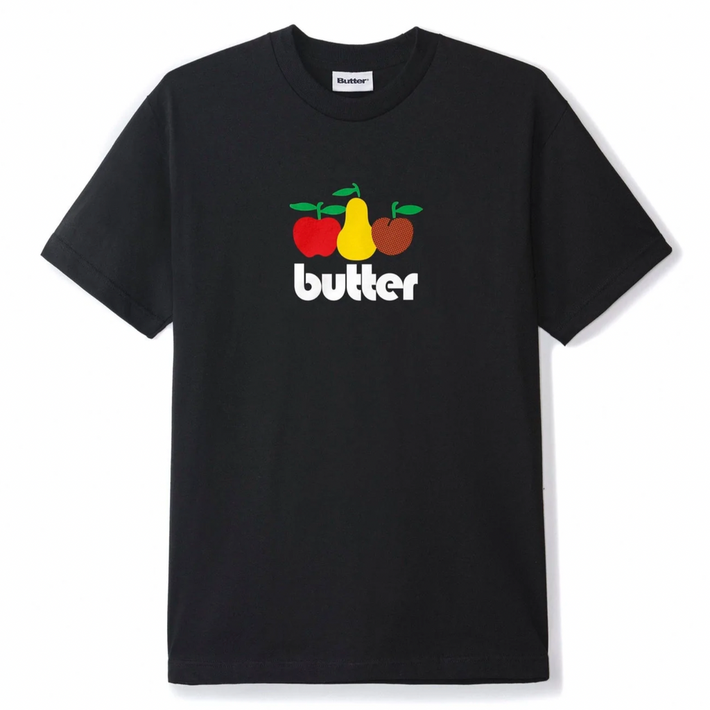 A Butter Goods Orchard Tee Black with the word butter on it.