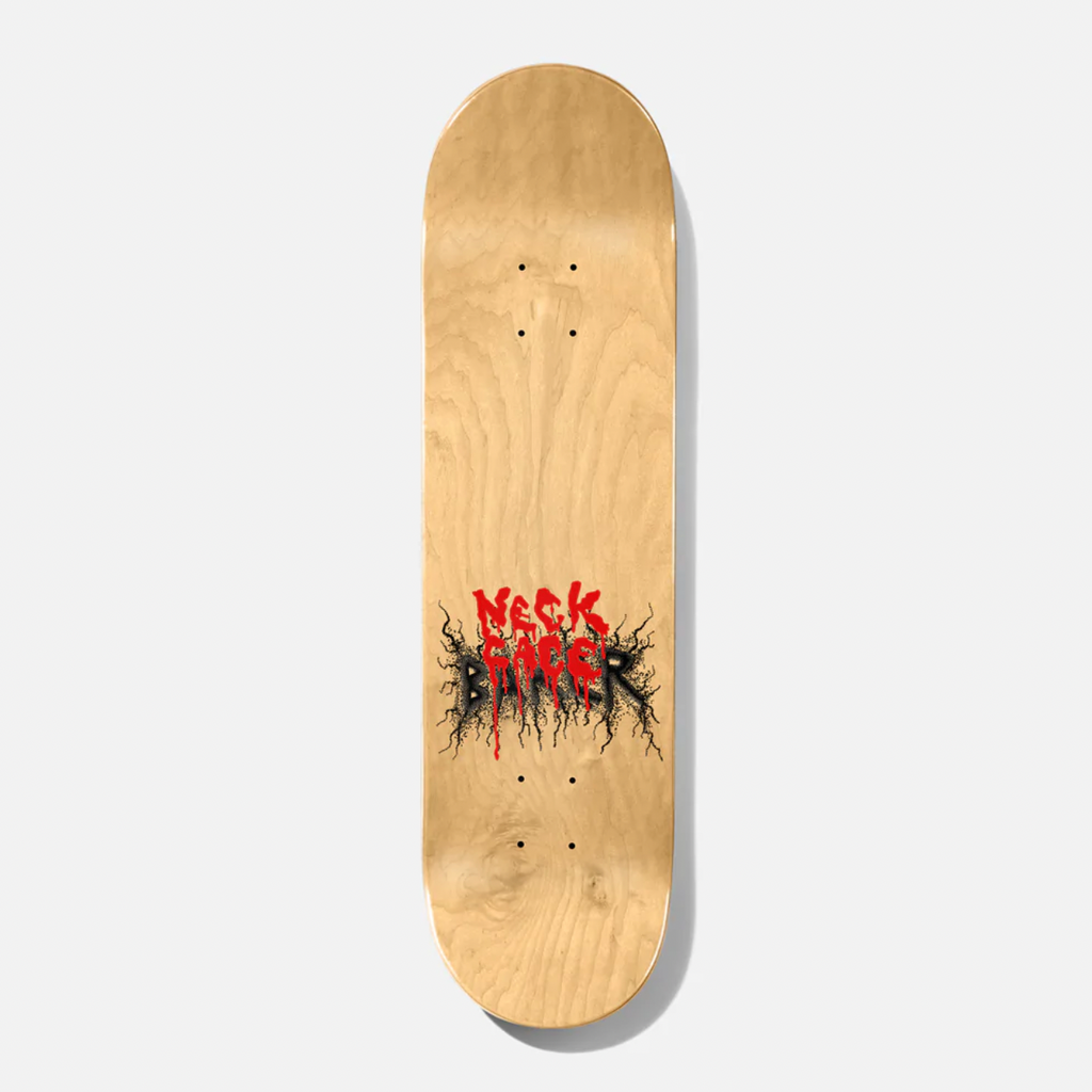 A skateboard with a red logo on it, featuring the BAKER Jacopo Throwback From The Dead.