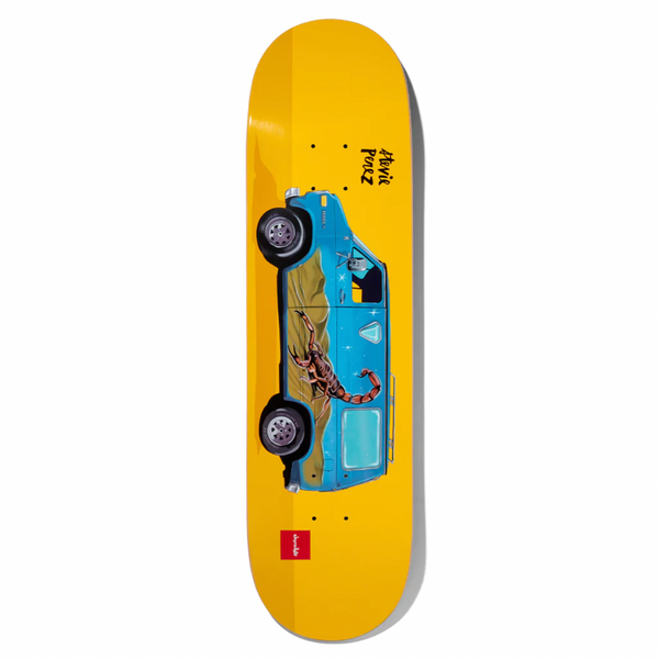A yellow CHOCOLATE skateboard with an image of a truck on it.