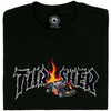 A THRASHER black t-shirt with a fire truck on it.