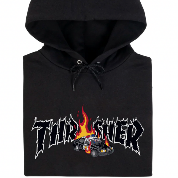 A THRASHER COP CAR HOODIE BLACK with the THRASHER brand logo on it.