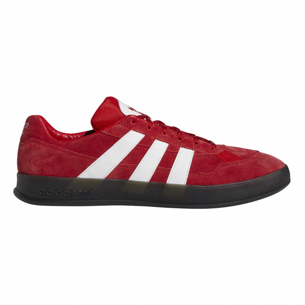 An ADIDAS GONZ ALOHA SUPER "CHAIR FIGHT" SCARLET/WHITE sneaker with black soles.