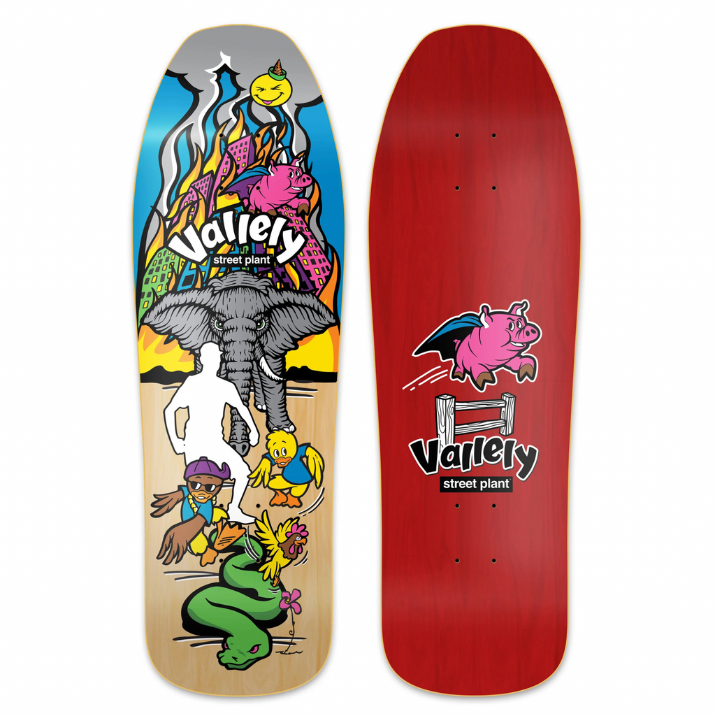 A skateboard featuring cartoon characters from OG World Industries and the STREET PLANT BRAND VALLELY SUPER FRIENDS OG SHAPE.
