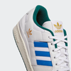 An ADIDAS white and blue sneaker with a green stripe.