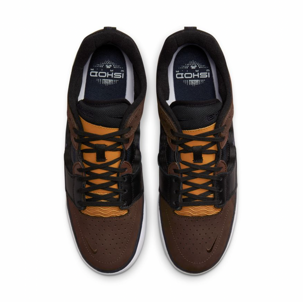 A pair of nike SB ISHOD PRM in Baroque Brown, Obsidian, and Black, shown from above with black laces and perforated toe boxes—ideal for Bluetile Skateboards sessions.