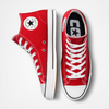 A pair of red Converse CONS CTAS Mid University Red/White/Black sneakers on a white surface.