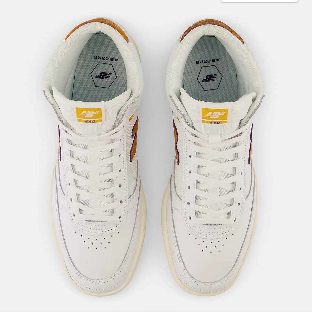 A pair of NB NUMERIC 440 HIGH WHITE/YELLOW sneakers on a white background.