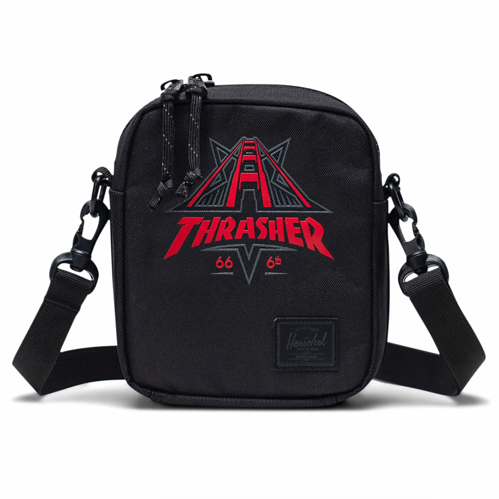 A black HERSCHEL crossbody bag with the word THRASHER on it.