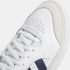 A close up of an Adidas Tyshawn White/Collegiate Navy/Grey One sneaker.