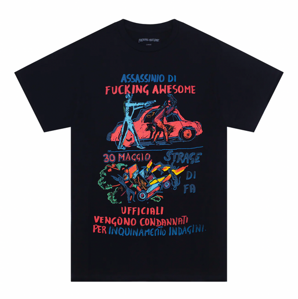 A Fucking Awesome Car Explosion Tee Black featuring an image of a motorcycle.