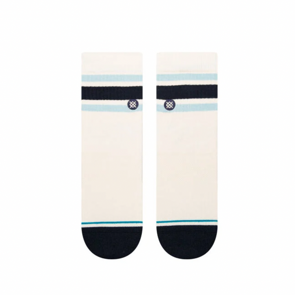 A pair of STANCE SOCKS BOYD QUARTER VINTAGE WHITE LARGE with black and blue stripes.