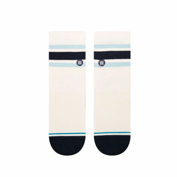 A pair of STANCE SOCKS BOYD QUARTER VINTAGE WHITE LARGE with black and blue stripes.