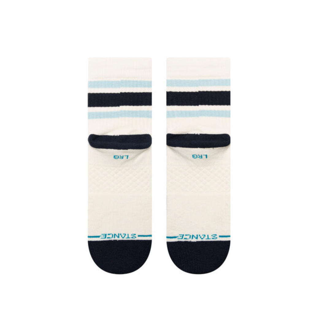 A pair of STANCE SOCKS BOYD QUARTER VINTAGE WHITE LARGE with black and blue stripes.