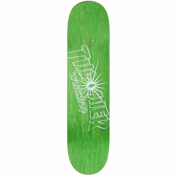 A green ALIEN WORKSHOP X THRASHER EXALT skateboard with a white THRASHER logo on it.