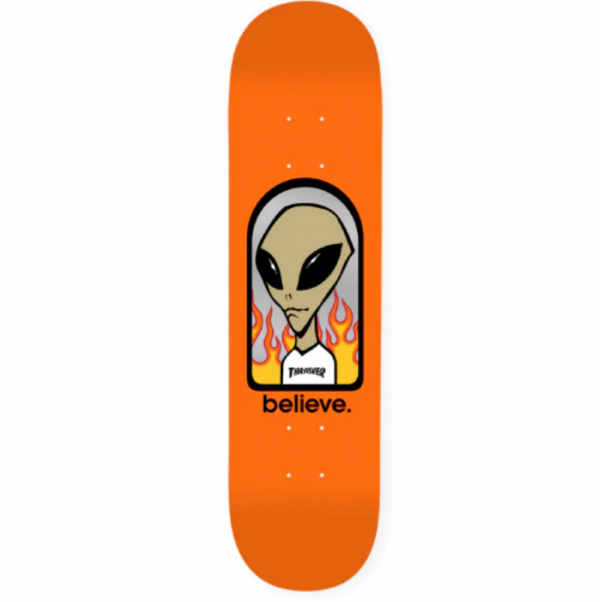 a skateboard with the ALIEN WORKSHOP X THRASHER BELIEVE design on it from ALIEN WORKSHOP.
