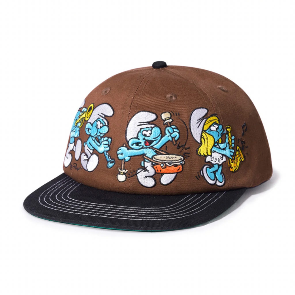 A Butter Goods brown and black hat with cartoon characters from The Smurfs on it.