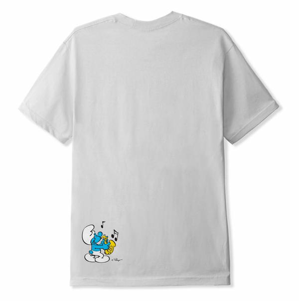 A Butter Goods white t-shirt with a cartoon character (The Smurfs) on it.