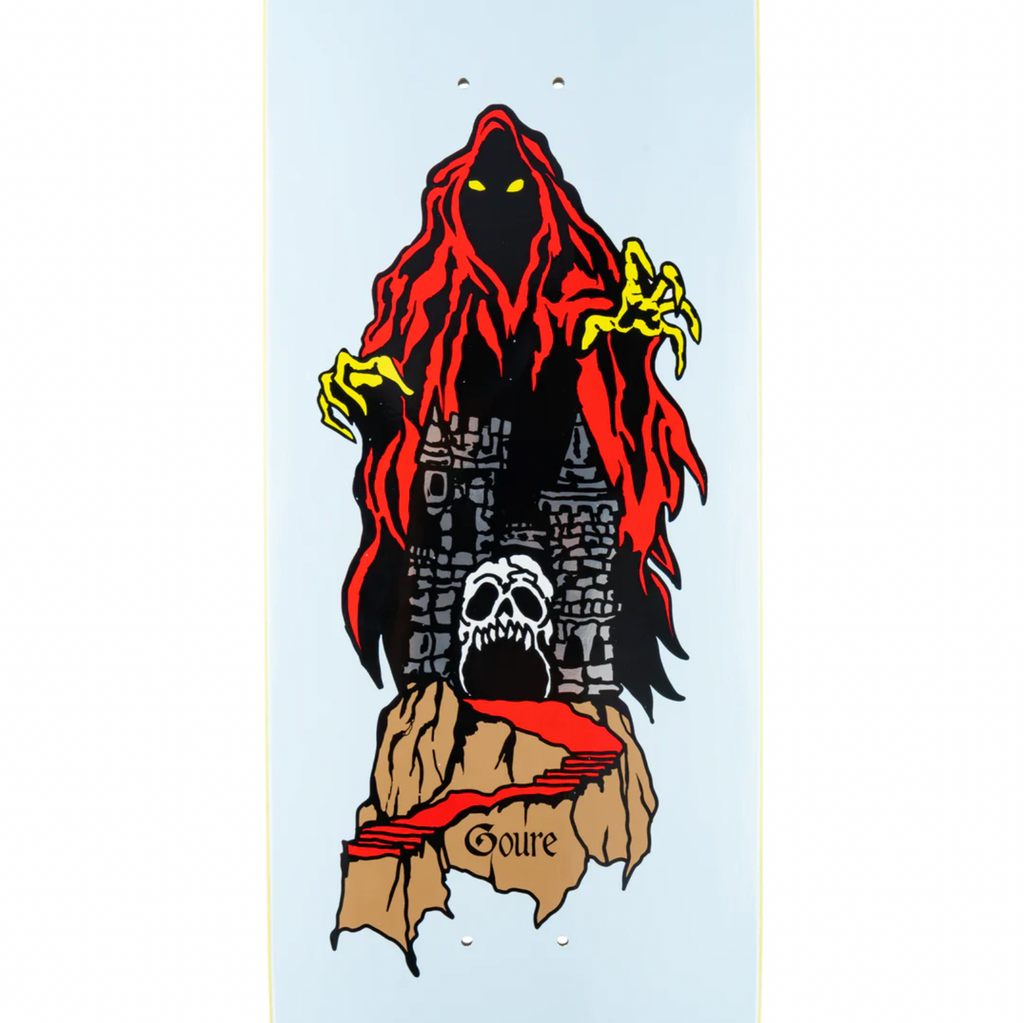 A Welcome Goure Castle on Moontrimmer skateboard with a picture of a demon on it.