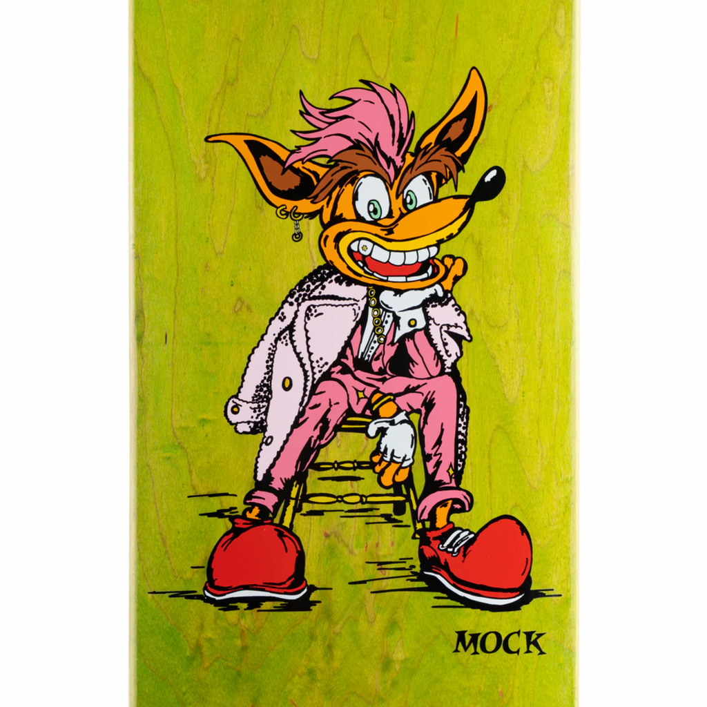 a Welcome skateboard deck featuring a painting of a cartoon character.