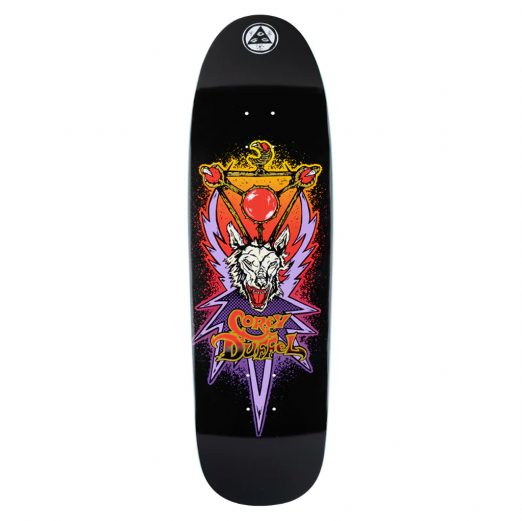 A Welcome skateboard with an image of a demon on it.