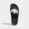 A pair of ADIDAS SHMOOFOIL SLIDE CORE BLACK / WHITE slippers on a white background.