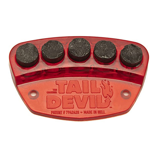 The DOPE WAX TAIL DEVIL RED skateboard accessory features four black grinding pucks and the text "Patent #7942528 • Made in Hell.