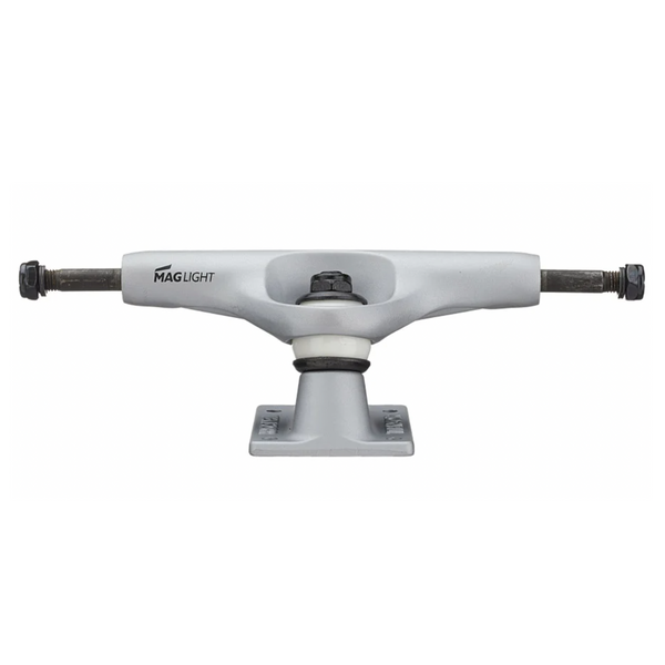 Glossy silver Tensor Mag-Light 5.75 skateboard trucks with the brand name "Tensor" written on the side. This set of two features a mounting base, kingpin, and axles for a smooth ride.