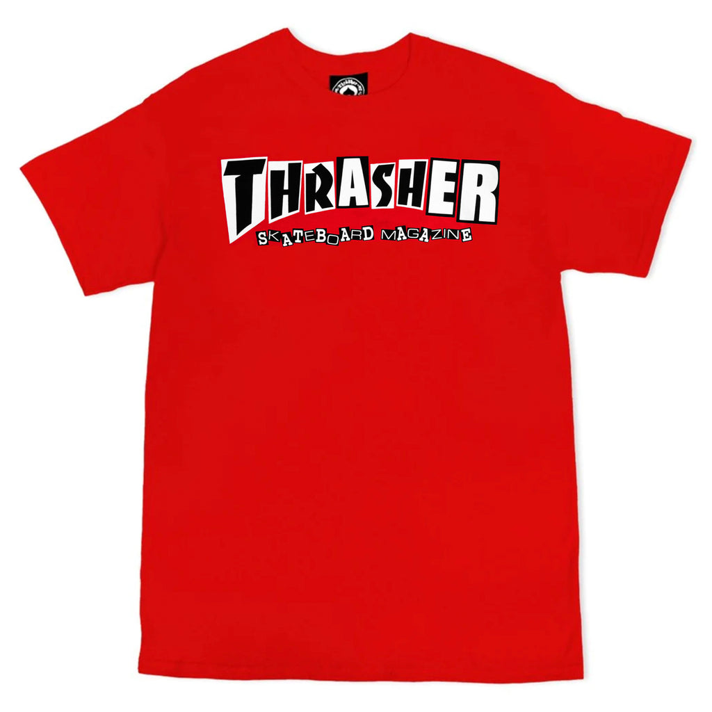 A Thrasher red t-shirt with the word Thrash printed on it.