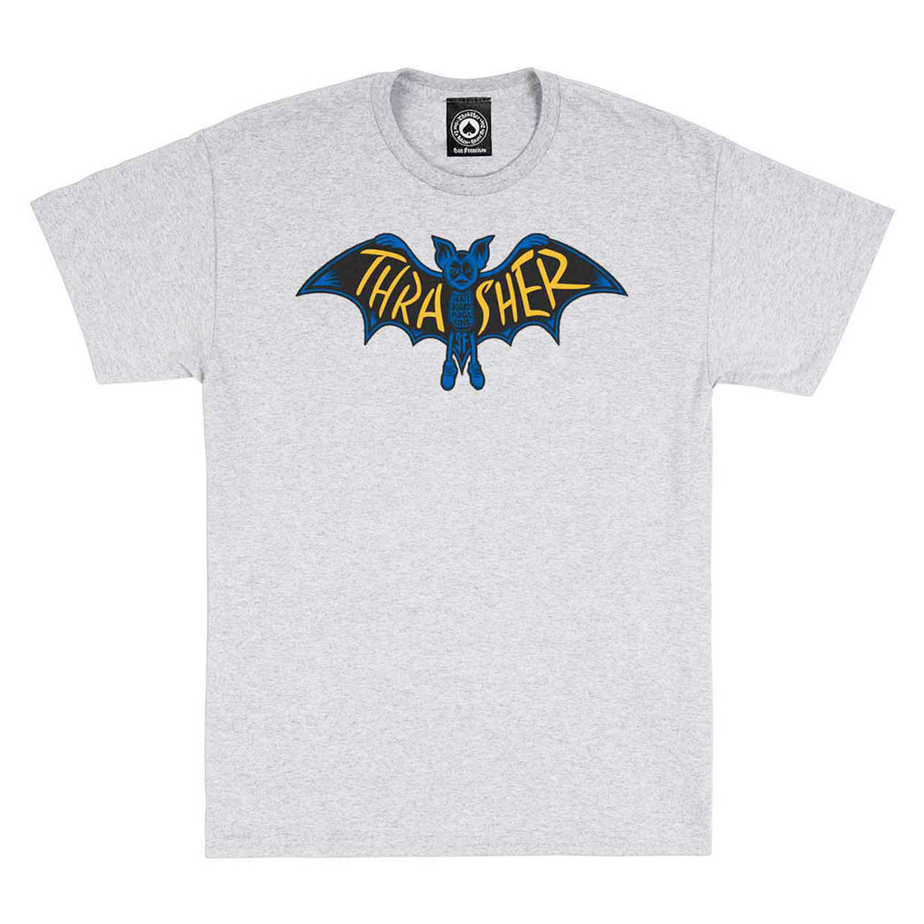 A THRASHER grey t-shirt with a blue and yellow bat image.
